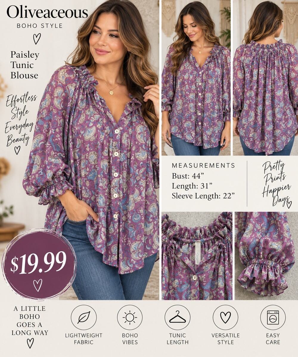 Oliveaceous Women’s Small Purple Paisley Boho Tunic Blouse Balloon Sleeve